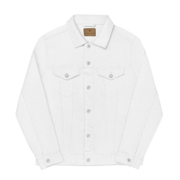 unisex denim jacket white front 6225057f5a50b
